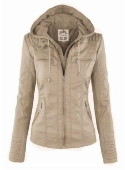 여성 가죽 자켓 가짜 카키 겨울 오토바이 고딕 후드 겉옷 PU 기본 코트