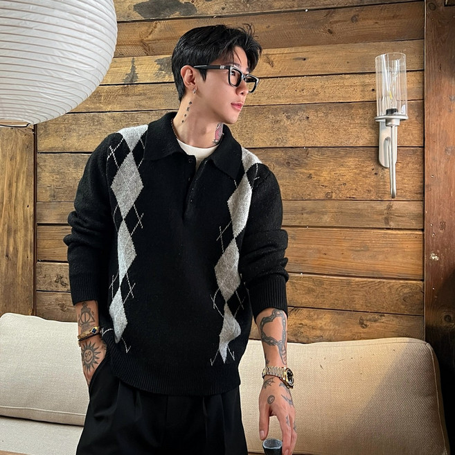 남성 폴로카라 아가일 체크 울 혼방 니트 스웨터