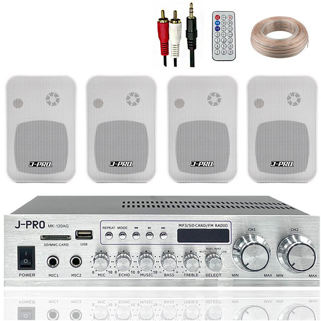 제이프로 240W 블루투스 매장용 카페 매장 업소용 벽걸이 미니 앰프 스피커 4개 세트+리모콘+PC선 1.5M+스피커케이블 40M, 화이트
