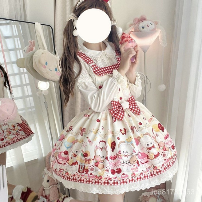 Yellwell귀여운 곰돌이 프린트 레이스 원피스 핑크 체크 리본 장식 아기자기한 캔디 패턴 드레스 일본식 로리타 스타일LST
