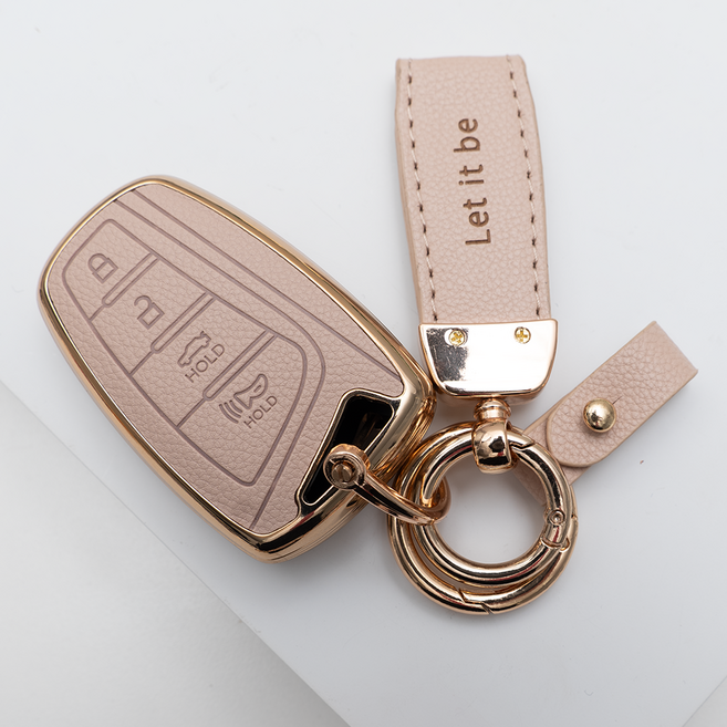 양면각인 현대 호환 아슬란 에쿠스 산타페DM 더프라임 제네시스DH 맥스크루즈 리모컨 가죽 차키케이스 커버 스마트키 4버튼 키홀더 스트랩, TL06_KH17, 아이보리골드