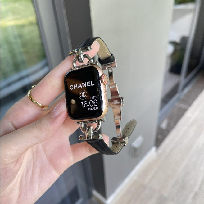 蝴蝶釦真皮女士錶帶 適用於Apple Watch 9 8 7 SE 蘋果手錶帶, D字真皮蝴蝶釦-純黑色-銀扣,49/46/45/44/42mm通用, 1個