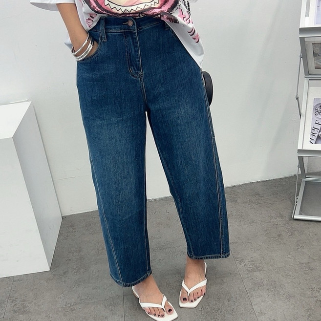 에브리룩 사선 절개 통배기 스판 뒷밴딩 데님 청바지(M-2XL)