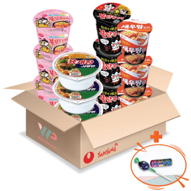 농심 삼양 컵라면 소컵 4종 혼합세트 육개장사발면 3컵+새우탕 3컵+불닭볶음면 3컵+까르보불닭볶음면 3컵 총 12컵입 미니 멘토스+투시팝 사탕 사은품 2종 증정, 1개