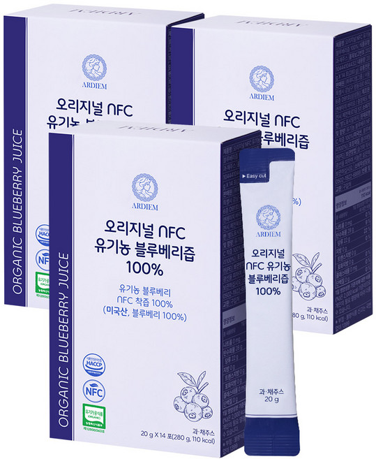 아르디엠 오리지널 NFC 유기농 블루베리즙 100% 14포, 3박스, 280g