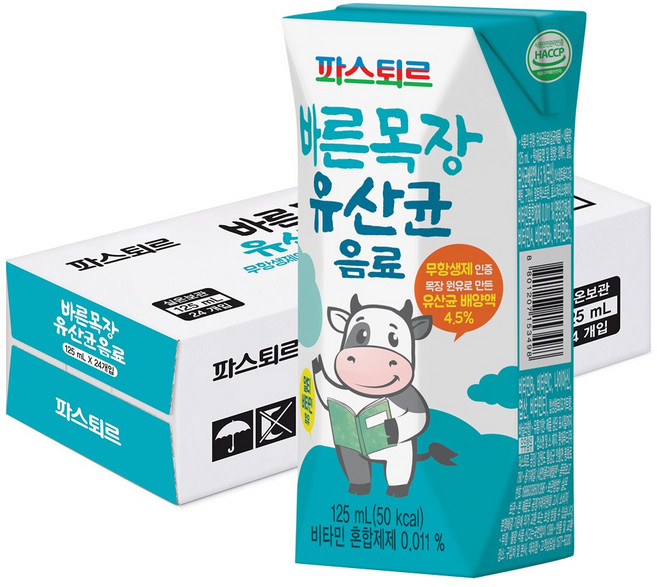 파스퇴르 바른목장 유산균음료 125ml 24팩, 24개