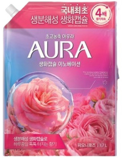 AURA 생화캡슐 이노베이션 섬유유연제 피오니로즈향 리필, 1.7L, 9개