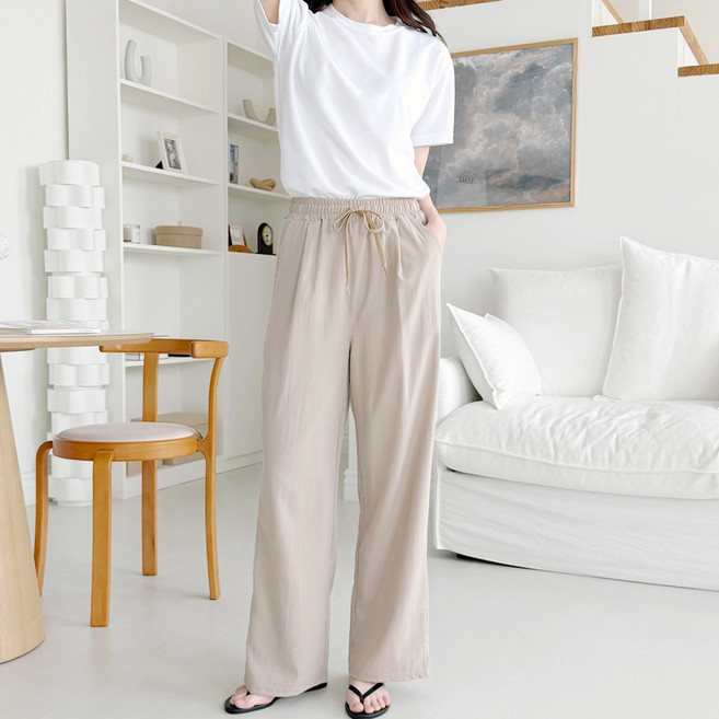 쿨썸 남여공용 구김없는 인견 아이스 여름 핀턱 와이드 밴딩 팬츠 슬랙스