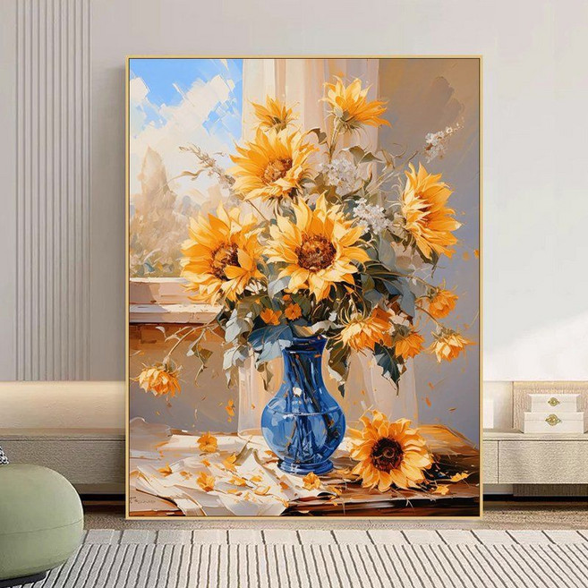 색채움 명화 그리기 세트 유화 캔버스 DIY 해바라기 꽃 그림 취미 키트 No.037521, 40x50cm 우드틀 캔버스, B1936, 물감 + 오일용 캔버스 + 브러쉬 + 벽걸이못, 1개