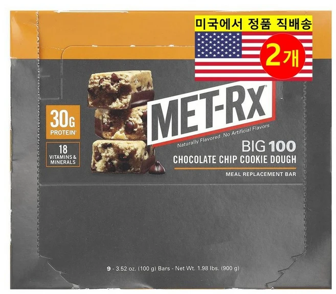 MET-Rx 운동 전 후 BIG100 초콜릿 칩 쿠키 도우 바 9개입 900g 1개, 2개 - 쿠팡