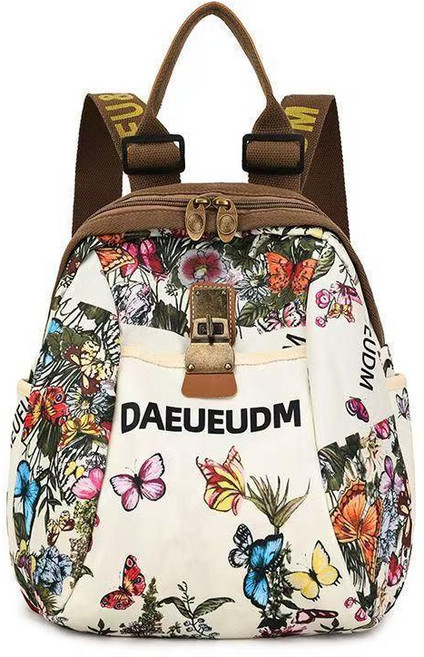 DAEUEUDM 碎花蝴蝶圖案後背包 大容量休閒時尚旅行牛津布媽媽包, 白蝴蝶