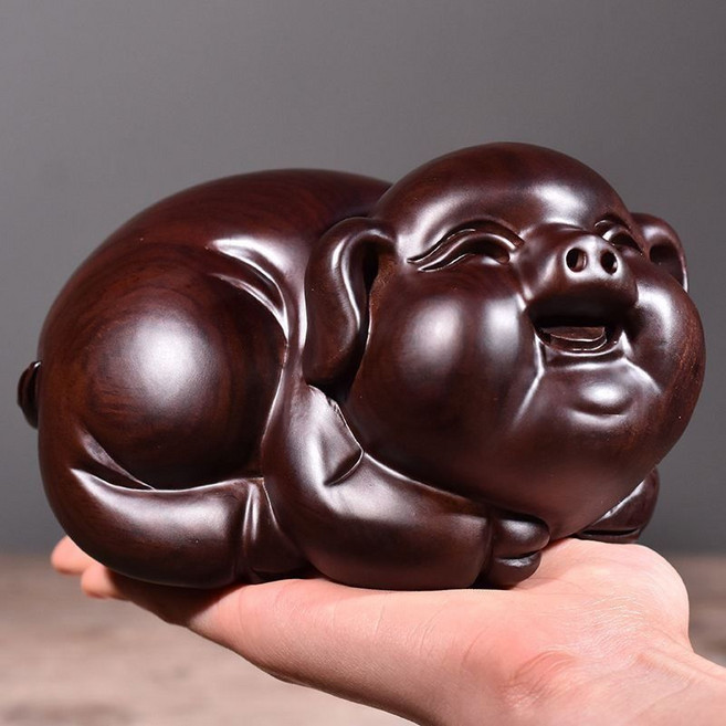 黑檀實木質雕刻招財花梨豬桌面擺件家居裝飾品, 黑檀整木精雕福豬長為24cm單只