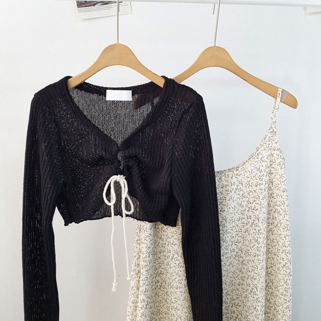 상상그이상 여성용 국내제작 토핑 스트링 볼레로 끈가디건 가성비좋은 시스루니트 원피스위에 입을 숏가디건 여리여리핏 리본끈 크롭니트