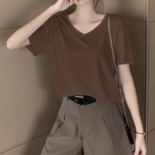 AOKADA 여성 딥 브이넥 오버핏 무지 반팔티 찰랑 이너티 면티 루즈핏 흰티 여성티