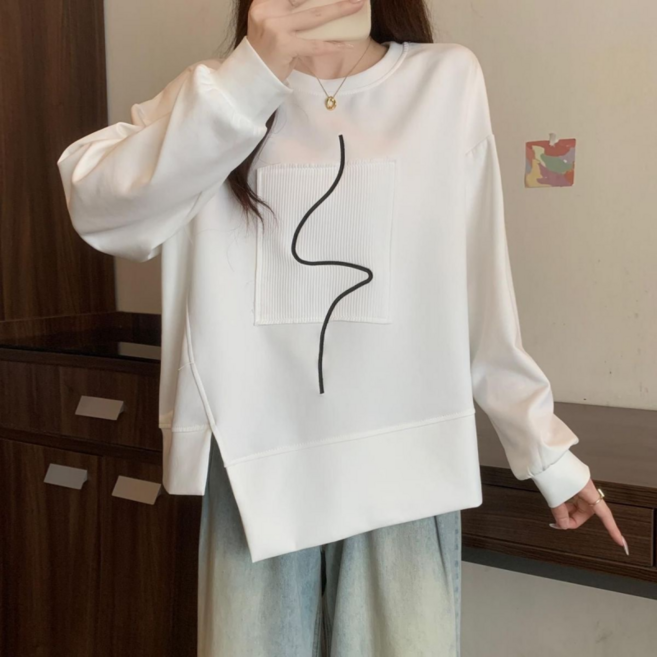 Makone 여성 봄 가을 라운드넥 언발란스 패치 심플 루즈핏 패션 긴팔 맨투맨