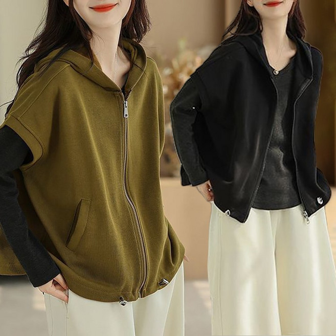 ROYALBELLE 여성 빅사이즈 후드 지퍼 베스트 루즈핏 캐주얼 편안한 착용감 조끼 M0110510