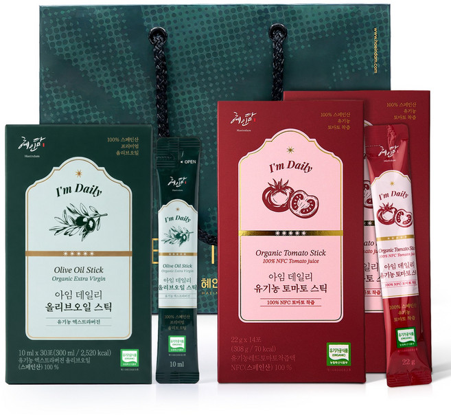 혜인담 아임데일리 유기농 올토샷 4주 패키지 (올리브오일 스틱+토마토 스틱) +쇼핑백 선물세트, 1세트, 916ml