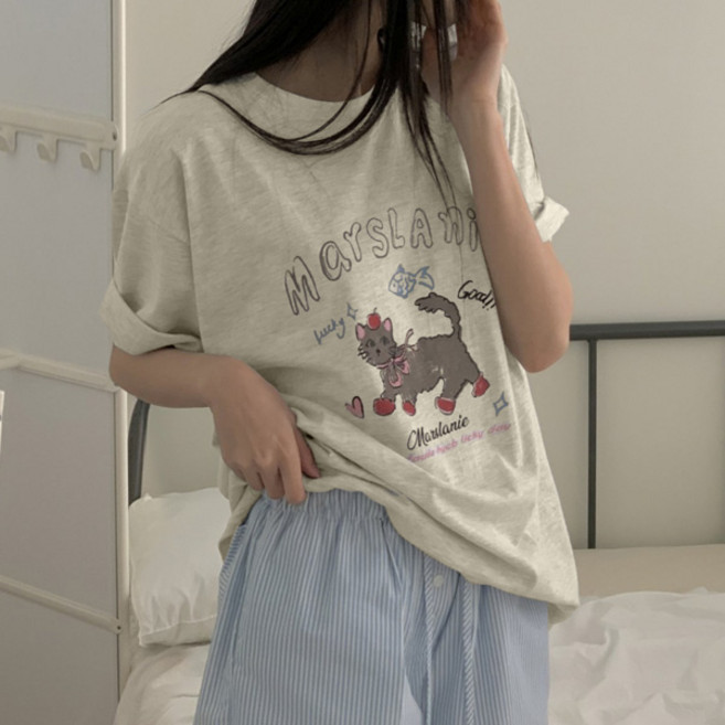 마이쏭 여성 빅사이즈 캐주얼 여름티 라운드 캐주얼 큐트고양이프린팅박스반팔티