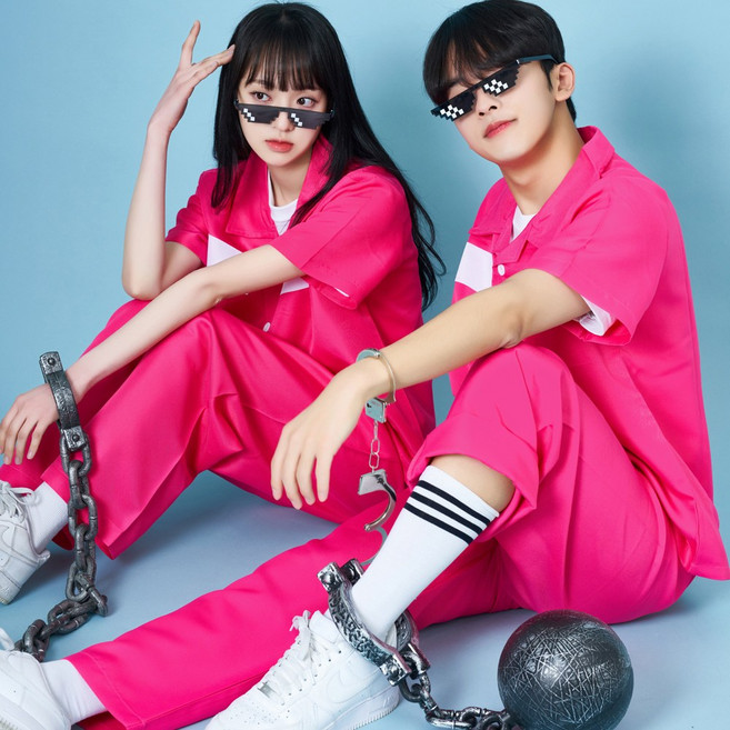 [반팔 긴팔보유] 핑크 죄수복 핫 핑크 반티 체육대회 졸업사진 수학여행 할로윈