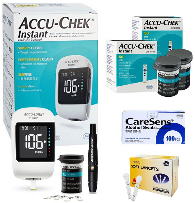 로슈 아큐첵 인스턴트 블루투스 혈당측정기 풀세트 [혈당계+시험지110매+침110개+솜100매] 파우치증정 혈당체크 당뇨측정기, 1세트, 인스턴트 혈당 SET