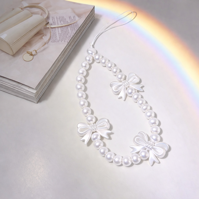 플로우 핸드메이드 진주 핸드폰 고리 키링 참, 1개, 리본