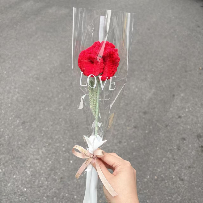[개별포장]시들지 않는 뜨개 꽃다발 한송이 졸업식 입학식 기념일 선물 어버이날 선물, 1개, 레드 카네이션