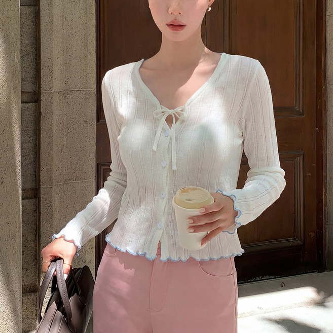 여성 여름 니트 가디건 끈 리봉 배색 프릴 카디건 20334