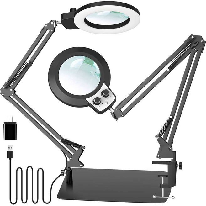 빛과 클램프가 장착된 KIRKAS 12배 작업대 공예용 엑스트라 롱 암 오버헤드 노브 LED 조명 리얼 글래스 렌즈 스텝리스 디밍 및 색상(12배 35인치 클램프), 12X Square Base & Clamp