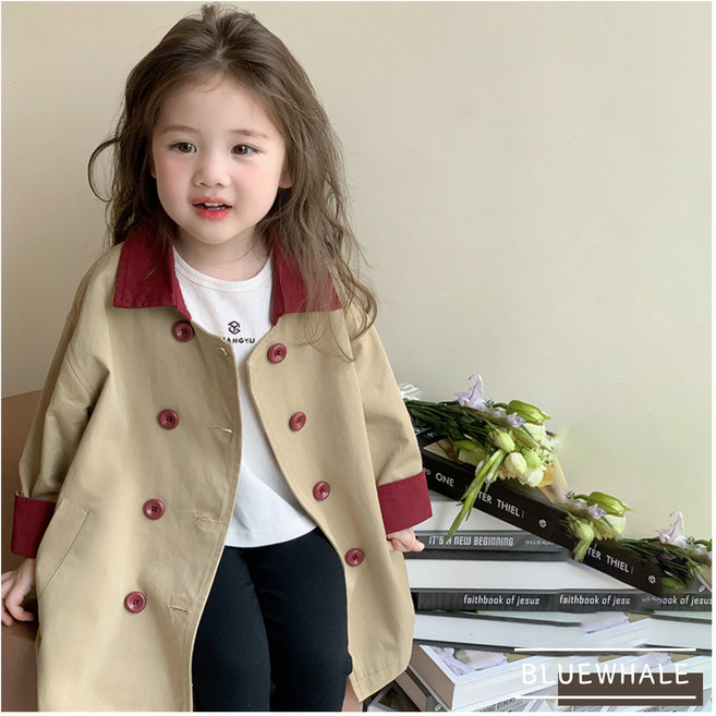 [블루고래] 키즈 와인 카라 더블 버튼 트렌치 코트 등원룩 신학기 포인트소매 환절기