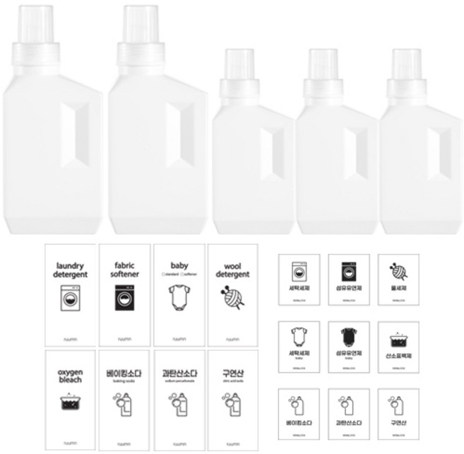 뉴앤룩 세제 리필용기 1Lx2개 600ml3개 + 방수라벨 17종, 화이트, 5개