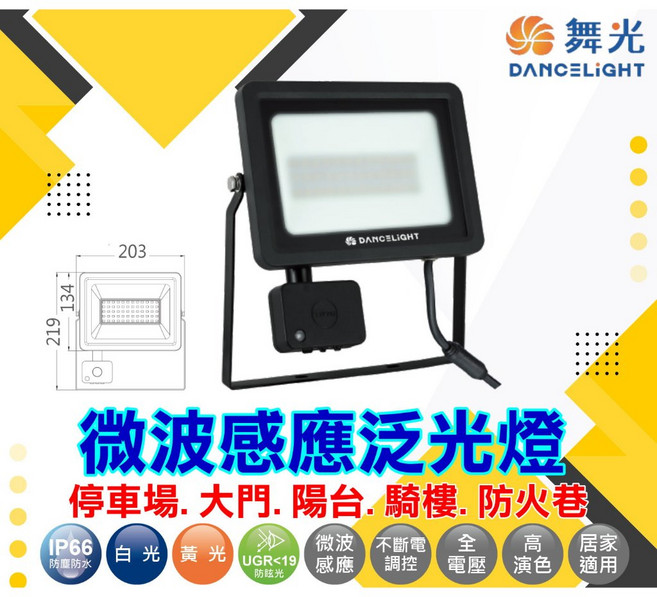 舞光 微波感應泛光燈 投光燈 戶外探照燈 停車場 陽台 騎樓 防火巷專用 全電壓 IP66防水防塵, 1個, 30W微波感應泛光燈,白光6500K