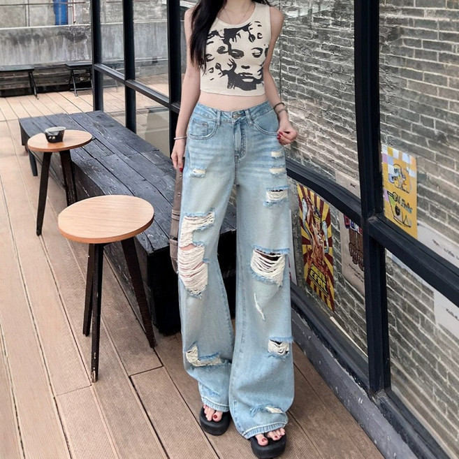 SAHINER 여성 와이드 데님 청바지 찢어진 스트릿 캐주얼 바지 봄여름 BPD17