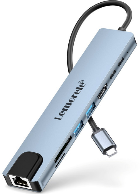 Lemorele 8in1 USB-C 허브 HDMI 기가비트 랜 USB-A 2.0 TF/SD 카드리더, 1개, TC19