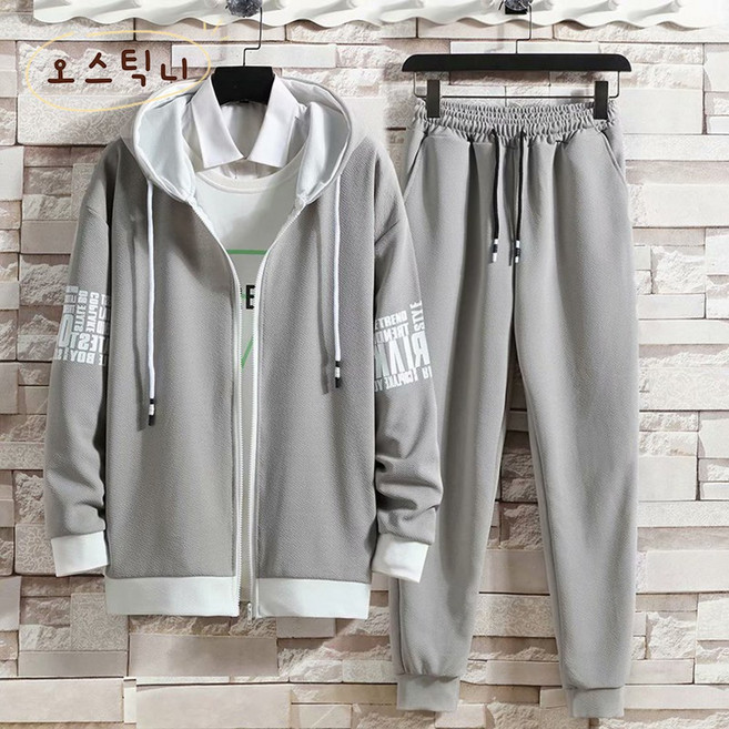 오스틱니 봄가을 맨투맨 세트 남자 트렌드 루즈핏 캐주얼 코트 남자 트레이닝 바지 세트