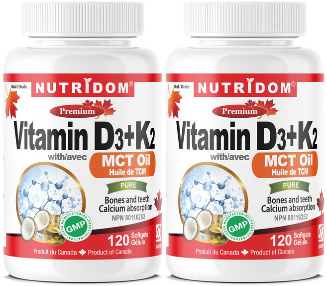뉴트리돔 비타민 D3 & K2 1000IU MK-7 120mcg MCT 오일 함유 120소프트젤 캐나다 직구, 2개, 120정