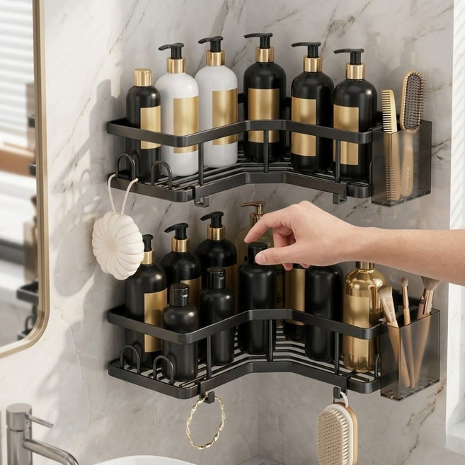 라이크토브 욕실 코너선반 무타공 정리대, 1세트, 블랙