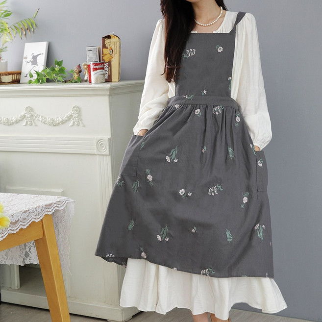 꽃자수앞치마 플로리스트꽃집 어린이집교사 코튼 방수프릴앞치마, 차    콜  들꽃자수, 1개