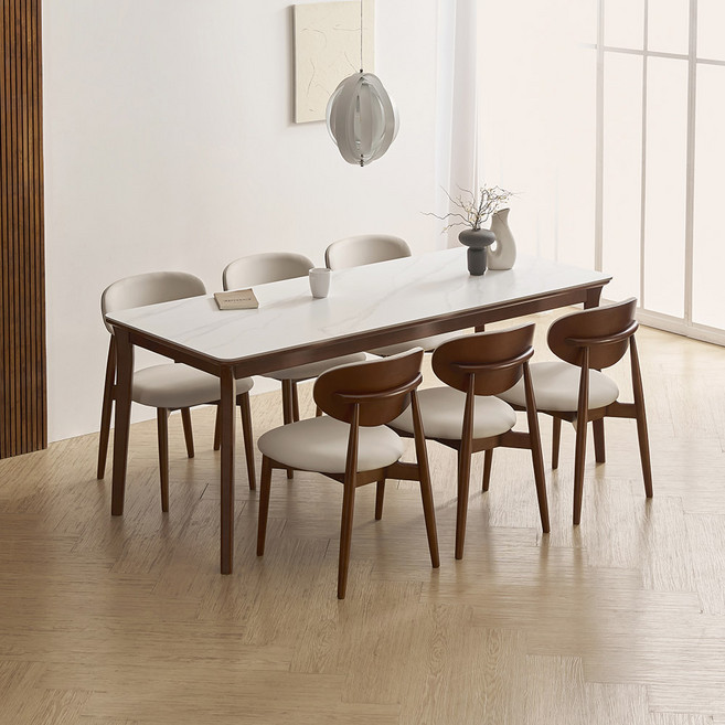라로퍼니처 플레인 1900 포세린 통 세라믹 6인 고무나무 원목 식탁 세트 화이트 / 그레이 상판, 식탁+의자6