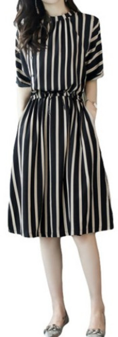 夏季韓版收腰氣質時尚中長款豎條紋連衣裙女