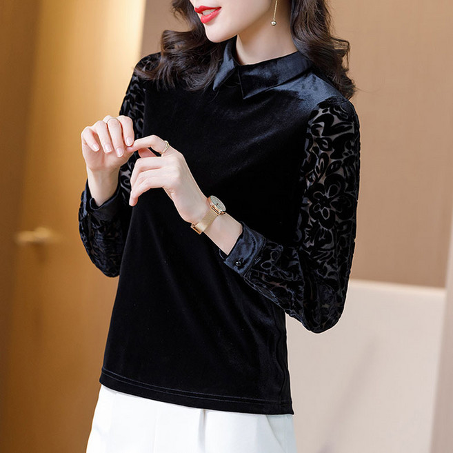 봄 가을 벨벳 티셔츠 패션 카라넥 긴팔 티셔츠 섹시 레이스 시스루 상의 여성 데일리 캐주얼 티셔츠 0113PL24