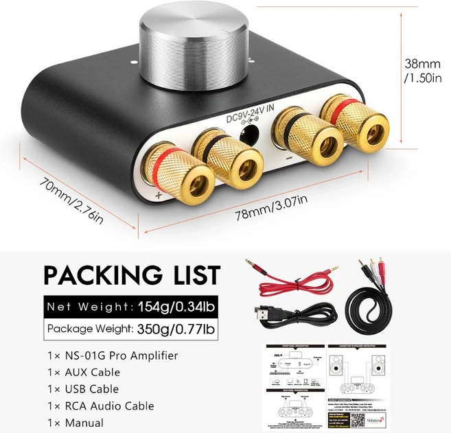 Fosi 오디오 스테레오 무선 앰프 액티브 서브우퍼 하이파이 클래스 D 파워 50W x 2 스피커 DA2120A, 01 Without Power Supply