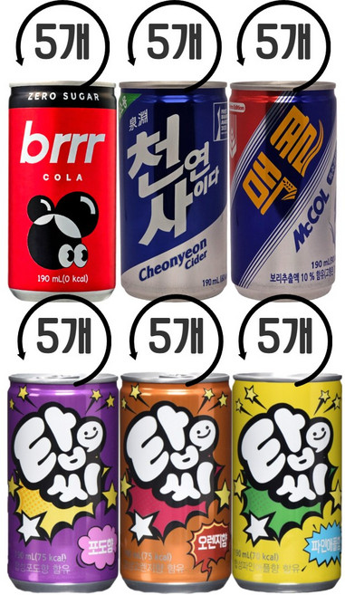 일화 탄산음료 미니캔 6종 5개씩 (부르르콜라제로+천연사이다+맥콜+탑씨포도+탑씨오렌지+탑씨파인애플), 30개, 190ml
