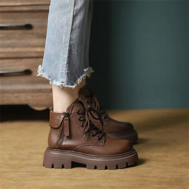 TKX 워커 앵클부츠 여성용 레트로 가죽 부츠 가을 겨울 패션 편한 부츠 키높이신발 K87