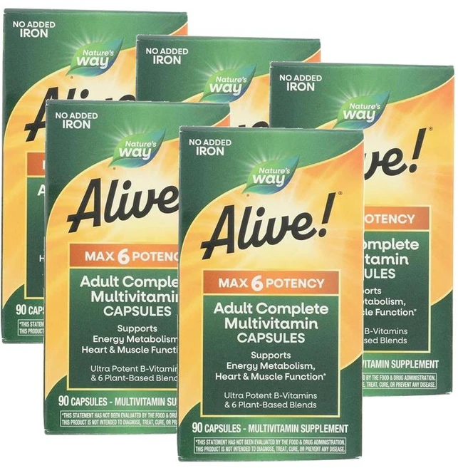 네이처스웨이 얼라이브 맥스6 포텐시 멀티비타민 캡슐 Nature's Way Alive Max6 Potency Multivitamin, 90정, 5개 - 쿠팡
