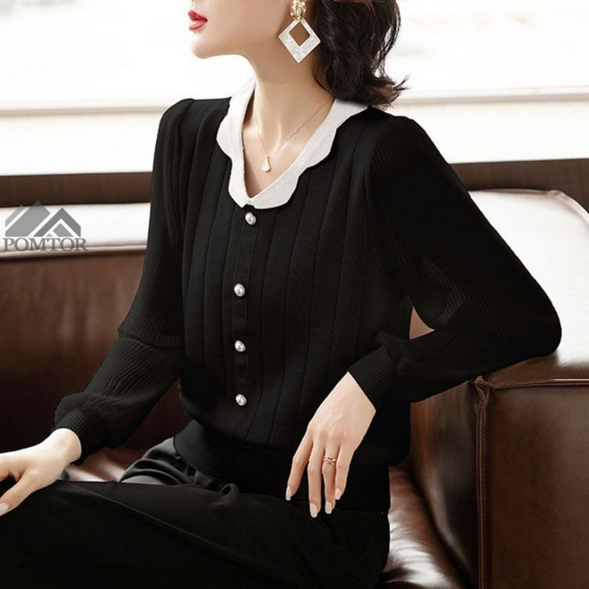 POMTOR 여성용 봄 가을 브이넥 긴팔 골지 니트티 가디건 긴팔티 셔츠