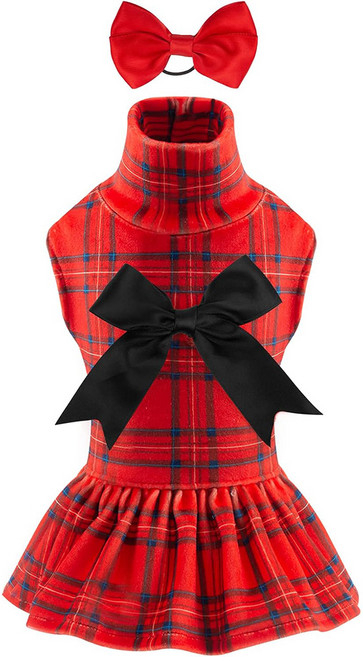 큐트본 소형견 터틀넥 크리스털 벨벳 드레스형 부드럽고 편안하며 리본 장식, 1개, 빨강