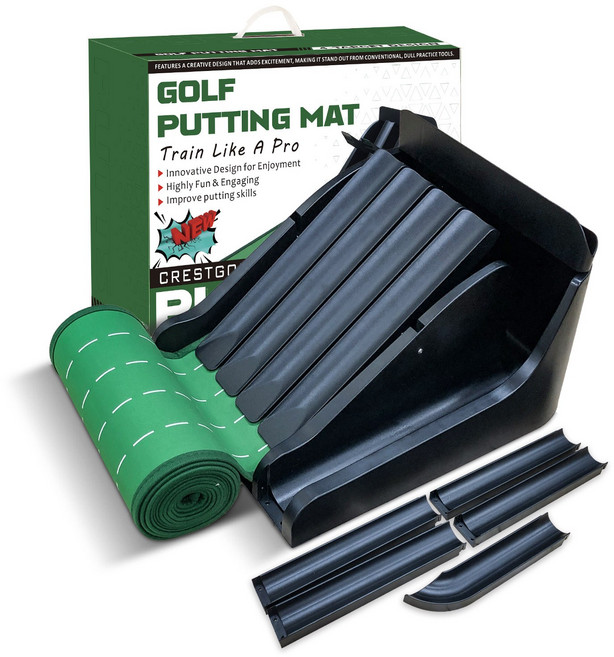 CRESTGOLF 골프퍼팅 연습 매트 4가지 독특한 뒤집기 트랙 골프 퍼터 매트 무소음 자동리턴 실내 퍼팅연습기, 블랙, 1세트