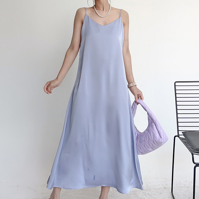 에리페 여성용 이테 와이드넥 새틴 나시 롱 원피스