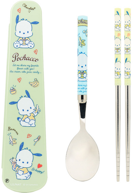 릴팡 아동용 산리오 슬림진공 스텐 수저 3종 세트, 포차코, 숟가락+젓가락+케이스, 1세트