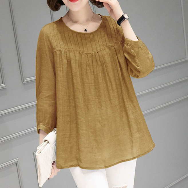 WANGBAIWAN 여성 9부 순면 블라우스 티셔츠 베이직 라운드넥 루즈핏 단색 플리츠 풀오버 티셔츠 S31202